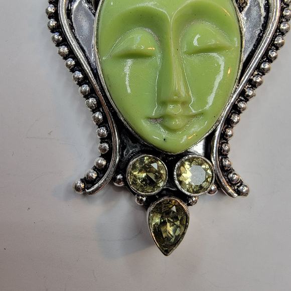 Sterling Silver Pendant with Green Carved Face and Lemon Quartz Accents - Picture 11 of 13